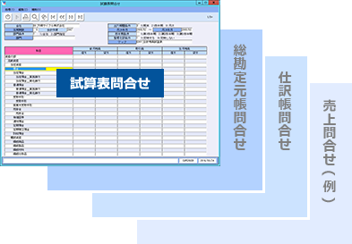 試算表問合せ→総勘定元帳問合せ→仕訳帳問合せ→売上問合せ(例)